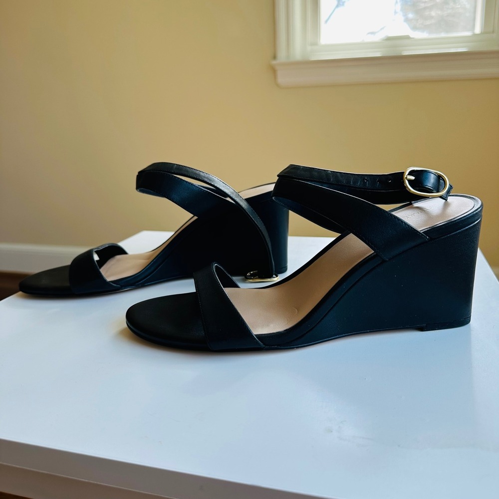Stuart Weitzman Black Leather Ankle Strap Wedge Sandals SD753 Size 9 - Picture 5 of 7